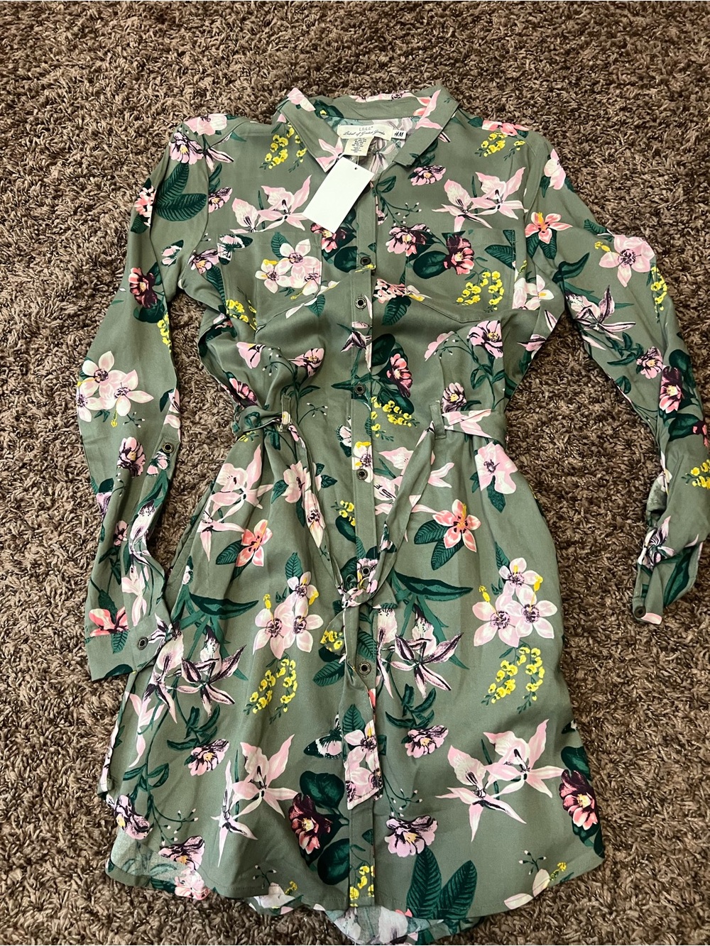 H&M Green Floral Button-Up Shirt Dress with Pink & Yellow Blooms